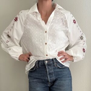 White Floral Embroidered Balloon Sleeve Button-Up Top